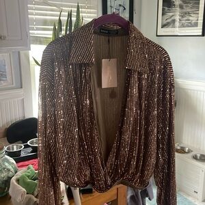 SHEIN size large gold sequins V -necked blouse